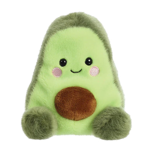 A small, green and beige plush avocado soft toy with a smiling face, designed to fit in the palm of your hand. Full of beans for extra softness and cuddliness. Measures 13cm.