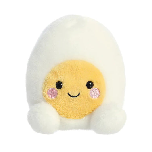 A small, white plush egg soft toy with a smiling yellow face, designed to fit in the palm of your hand. Full of beans for extra softness and cuddliness. Made from eco-friendly materials, including recycled plastic beans and fiber fill. Measures 13cm. 