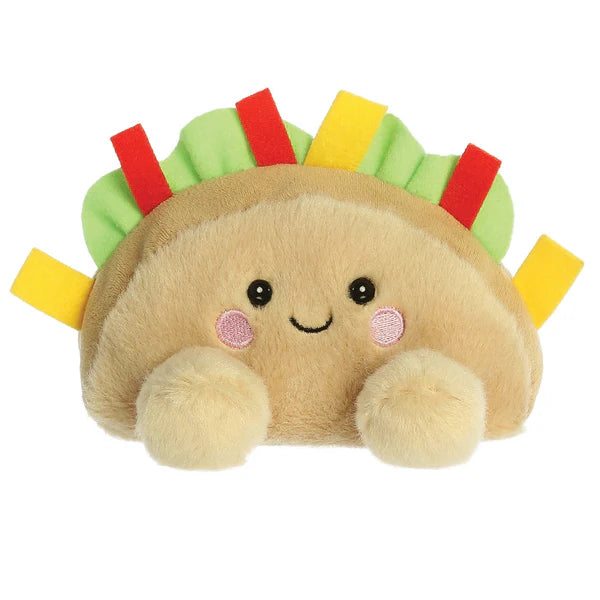 A small, brown plush taco soft toy with a smiling face, designed to fit in the palm of your hand. Full of beans for extra softness and cuddliness. Measures 13cm.