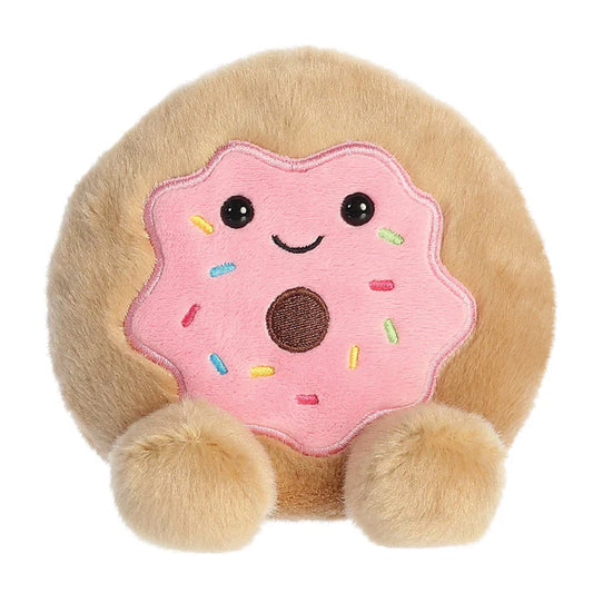  A small, brown and pink plush donut soft toy with a smiling face, designed to fit in the palm of your hand. Full of beans for extra softness and cuddliness. Measures 13cm.