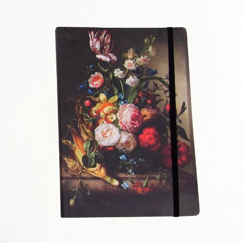 A notebook featuring Rachel Ruysch's Vase of Flowers with and Ear of Corn still-life painting on a white background.