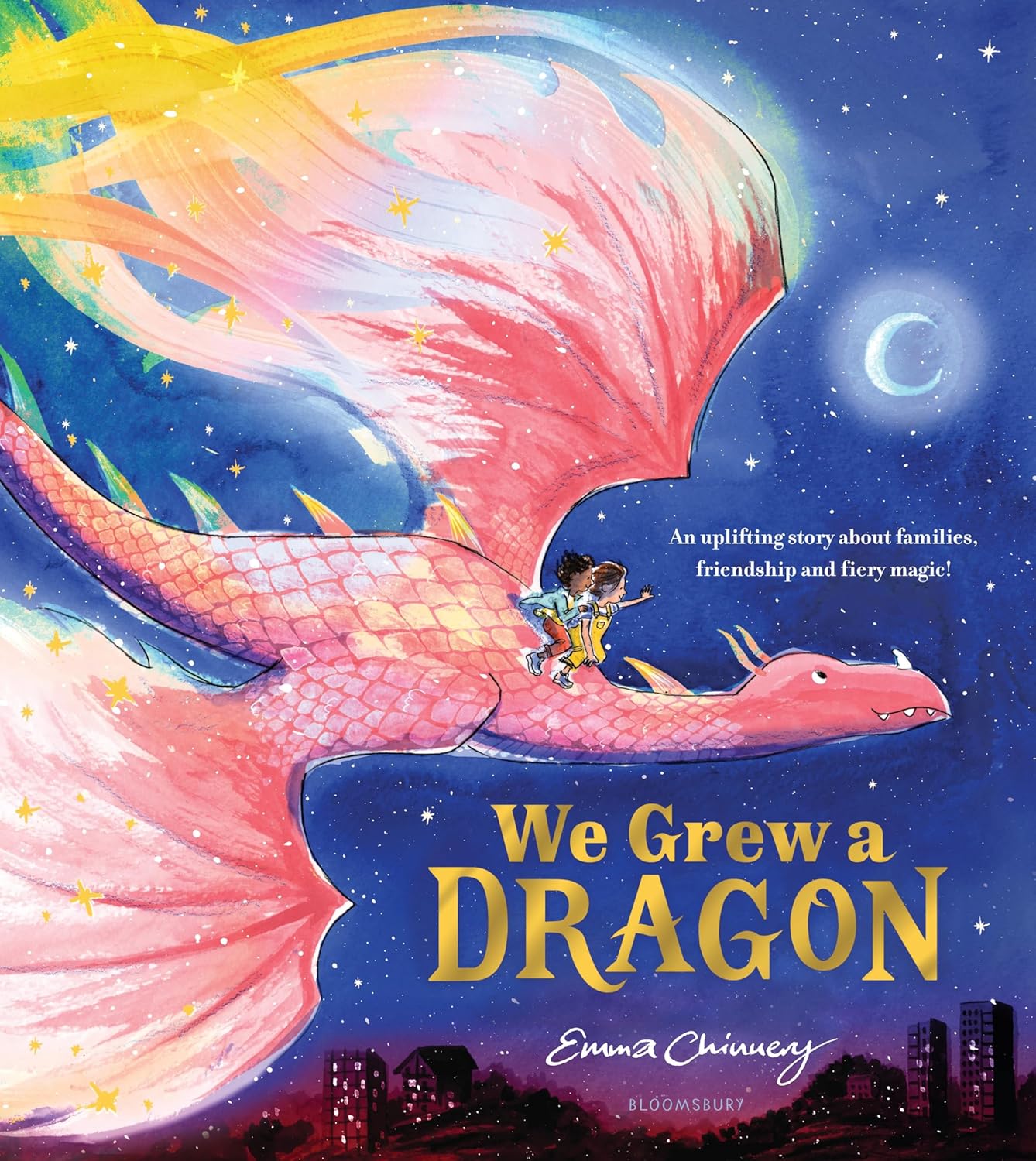 A night sky with the moon and flying across the cover are two children riding a pink dragon