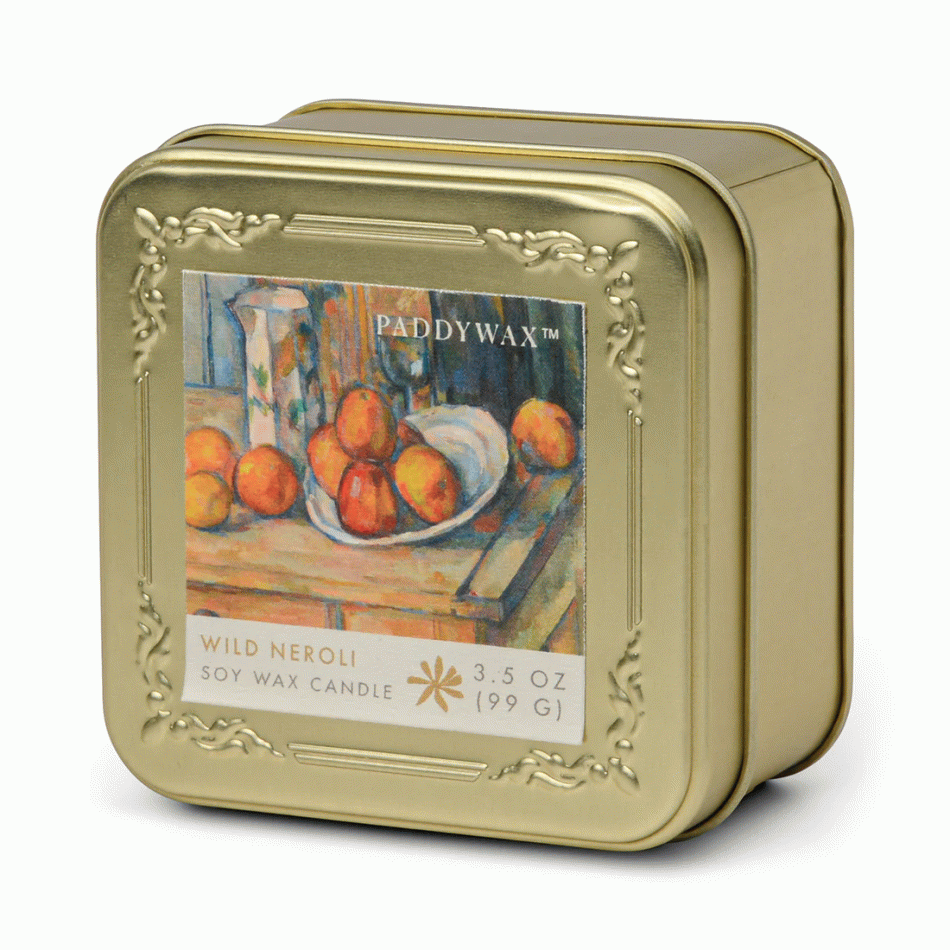 Paddywax candle tin with a Paul Cezanne artwork on a white background
