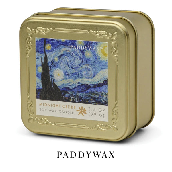 Paddywax candle tin with 'Starry Night' design on a white background