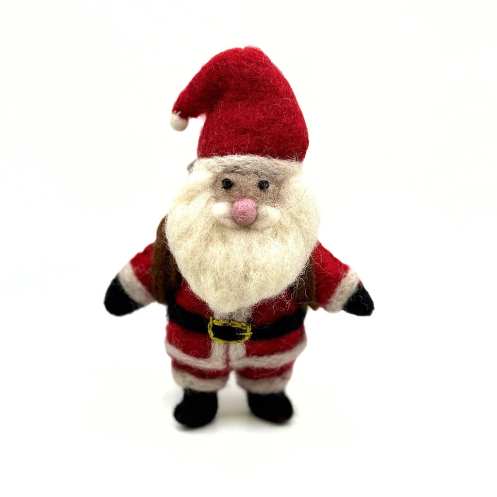 Ho Ho Ho! Lovely Santa in red hat and costume with long white beard and round pink nose.