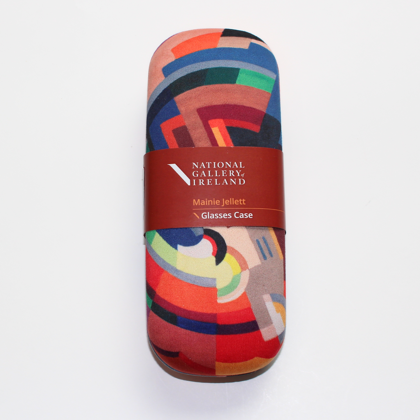 Colourful glasses case featuring A Composition by Mainie Jellett with National Gallery of Ireland label on a white background.