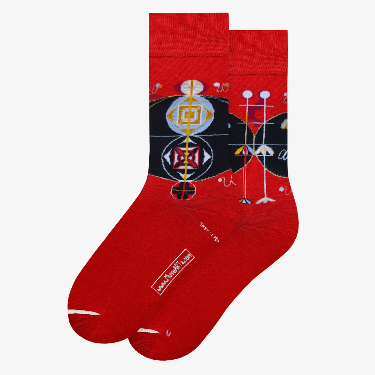 Red socks with abstract design on a white background