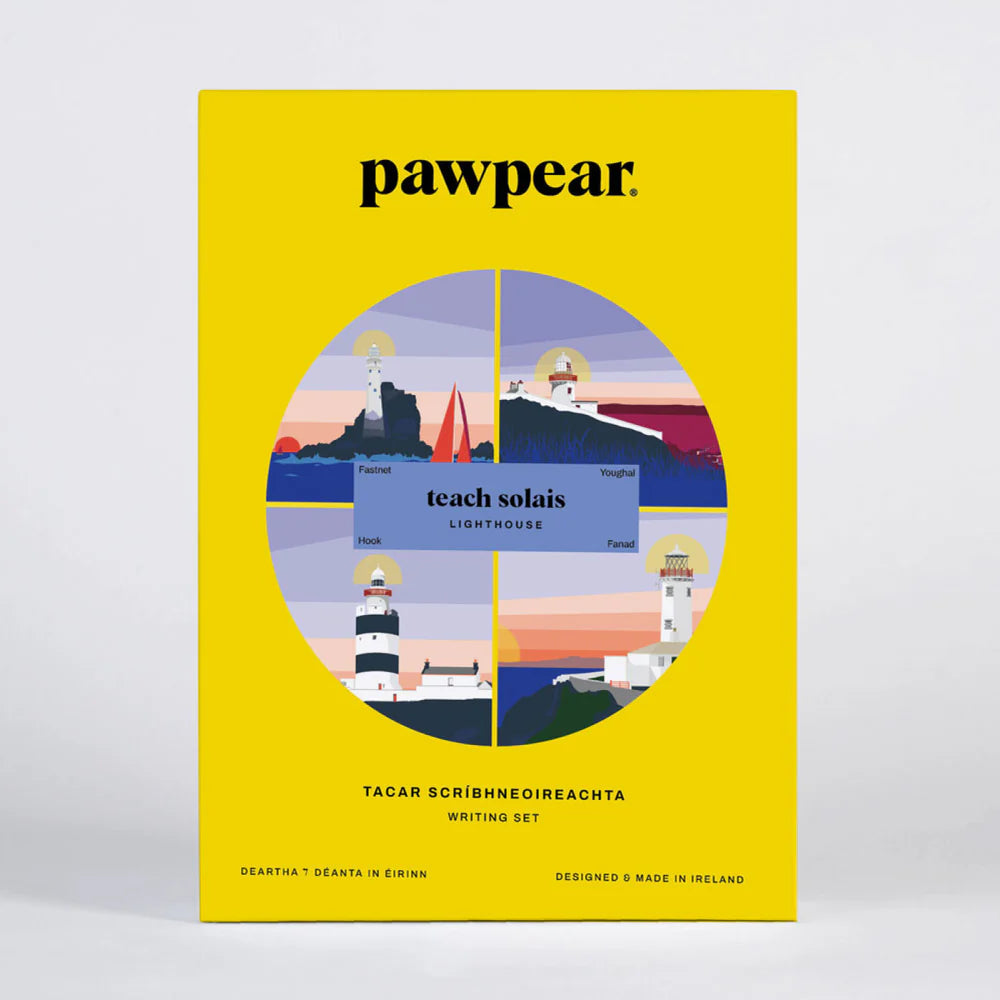 Pawpear lighthouse themed letter writing set with a colorful illustration of a lighthouse on a yellow background