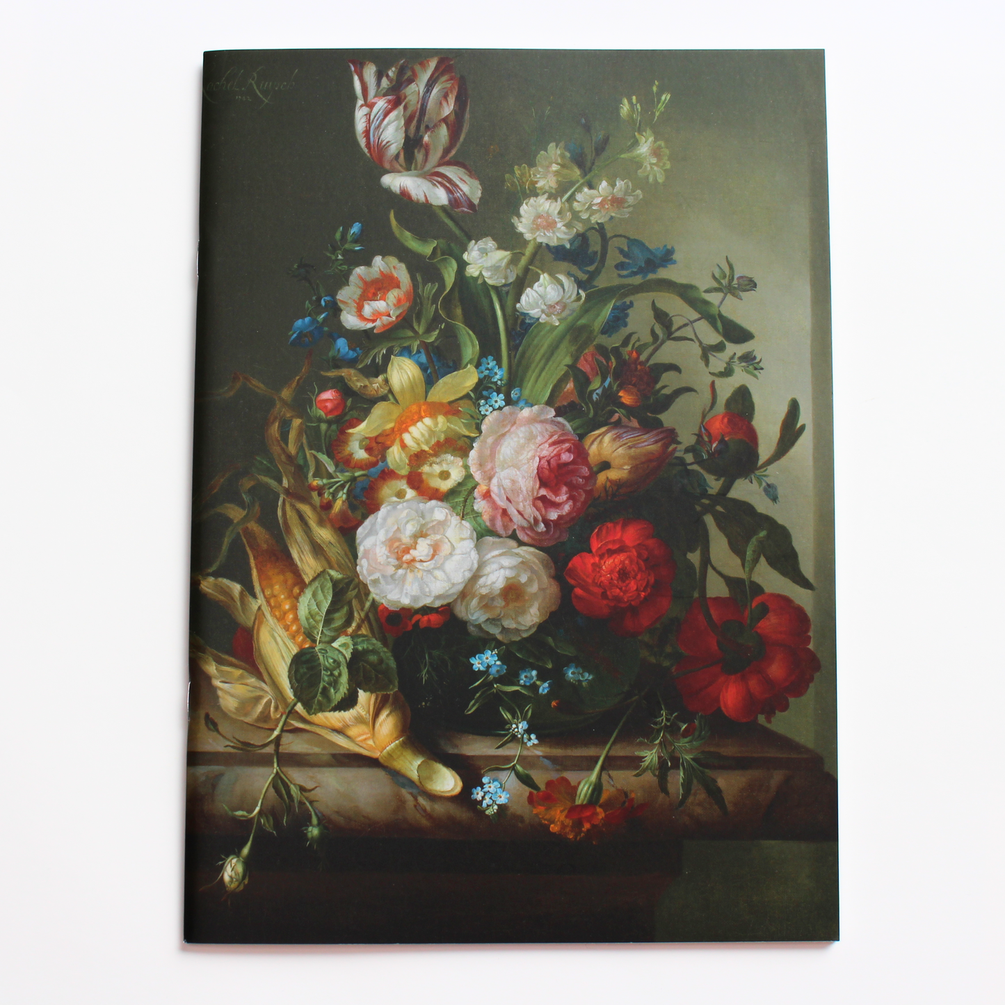 A sketchbook featuring Rachel Ruysch's Vase of Flowers with and Ear of Corn still-life painting on a white background.