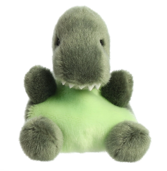 : Tyranno, a not-so giant creature with a fierce exterior, but a true softy at heart. Made from high-quality materials for a soft, fluffy touch. Measures 5 inches. Contains bean pellets for stability. Suitable for all ages. Discover the friendly side of this dino!