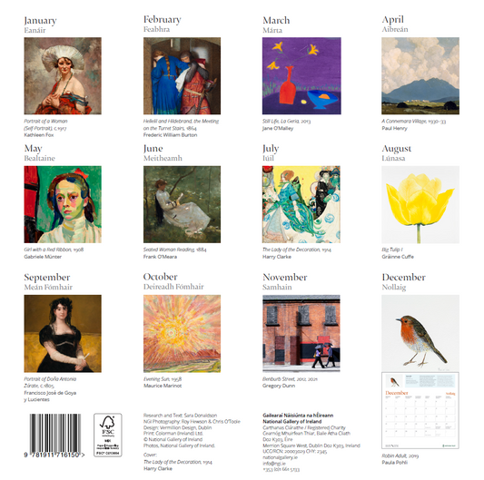 The back cover of the National Gallery of Ireland 2027 Calendar. There are thumbnails images of each of the paintings that are featured in the gallery, each on below it's corresponding month. There is a barcode in the bottom left and text with credits for the making of the calendar.