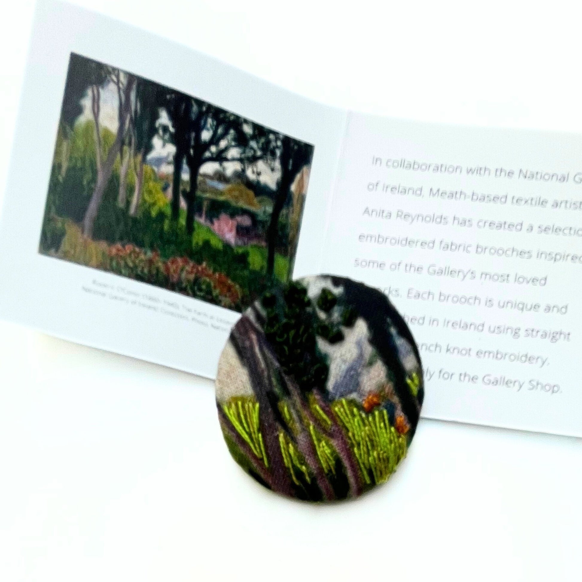 Anita Reynolds brooch based on O'Conor's Farm at Lezaven with insert card