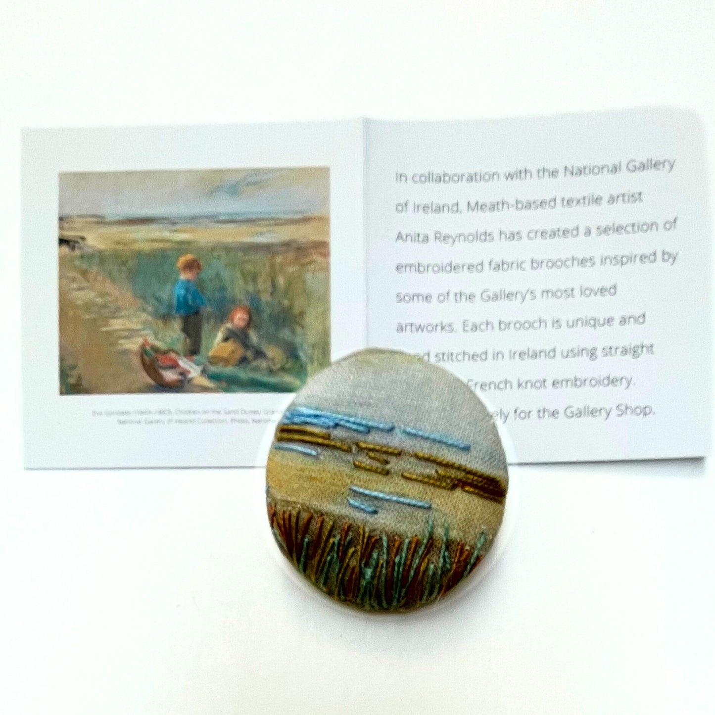 Anita Reynolds brooch based on Eva Gonzalès's Children on the Sand Dunes with card insert