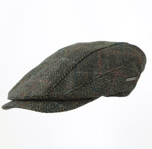 Irish Driving Cap Dark Green Black Herringbone - Size M