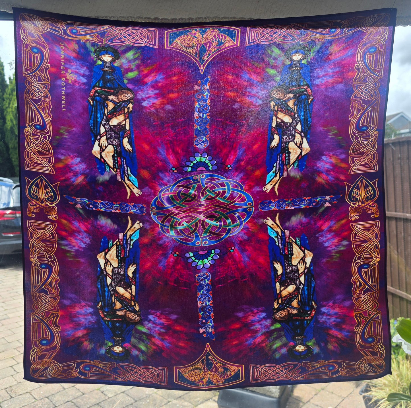 Purple and blue Celtic Inspired design Silk Scarf with images of Mother of Sorrow stained glass by Harry Clarke.