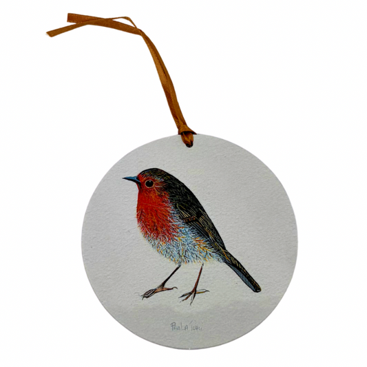 A round white ceramic Christmas ornament featuring a painted robin bird with a red breast, black back, and blue underparts, hanging from a brown ribbon on a white background.