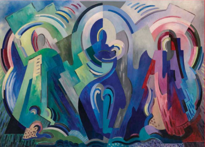A flat, cubist painting of three figures. The left is green, the middle is blue and holds a baby, and the right pink and purple. They are made up of various shapes giving only the outline of people.