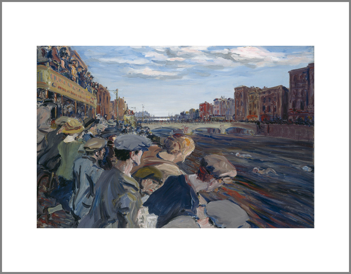 A city scene with a river cutting through most of the painting. Crowds are gathered along the streets and bridge watching others swim down the river.