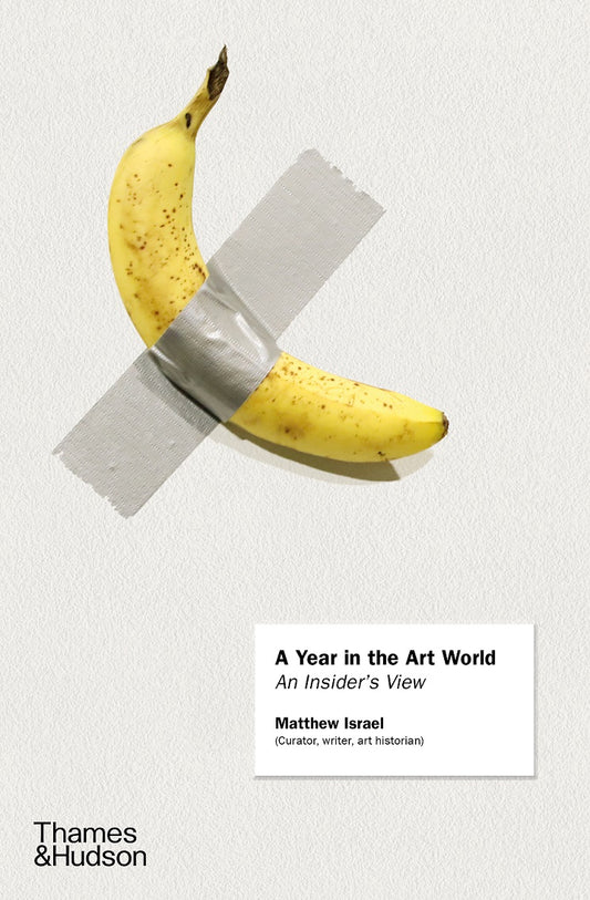 A year in the art world A cover with a photo of a banana duct taped to a light grey wall. The title is in a white box in the bottom right corner in black letters.