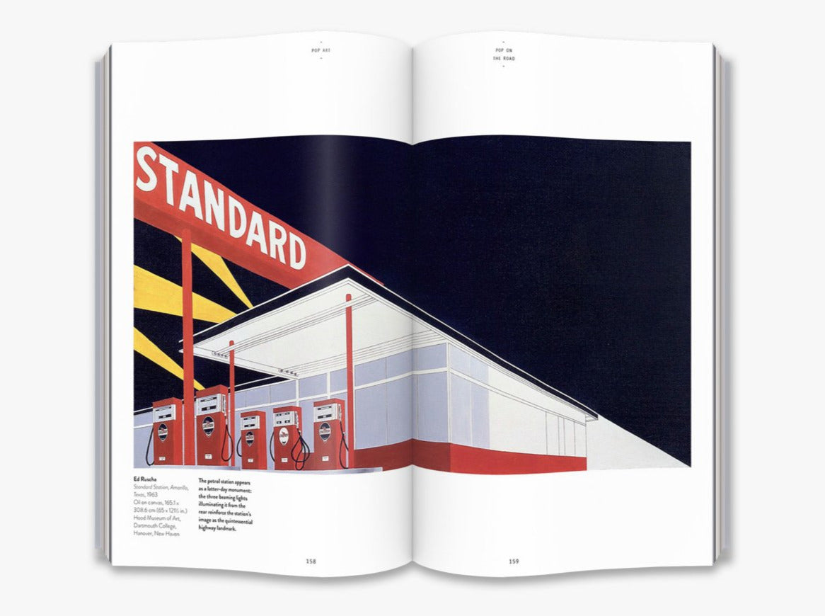 A two page spread from inside the book of a painting of a petrol station in red and white with strong lines. It splits diagonally across the image with a black sky.