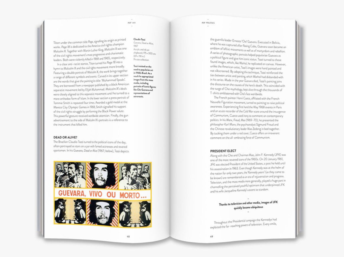 A two page spread from inside the book on pop art and politics. There is text across the pages and a drawing in the bottom left of Che Guevara.