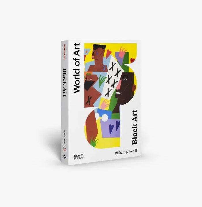 A white cover with a geometric colourful painting of black figures from the shoulder up. The title is in black text along the sides.