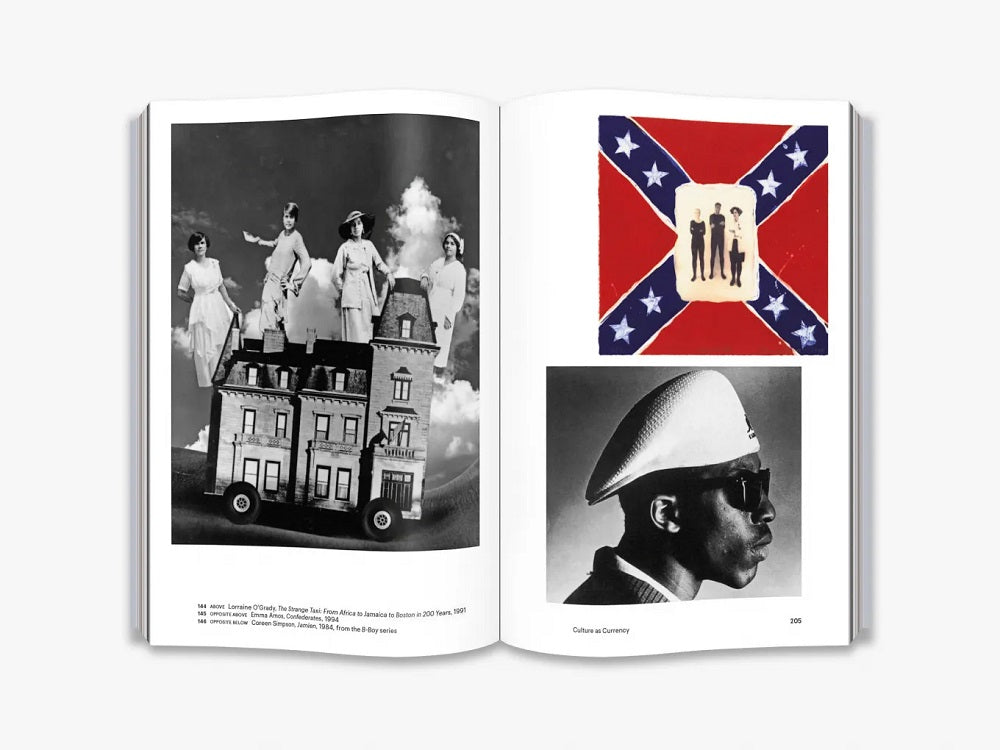 Multiple black and white photos across two pages, including a photo collage and a portrait.