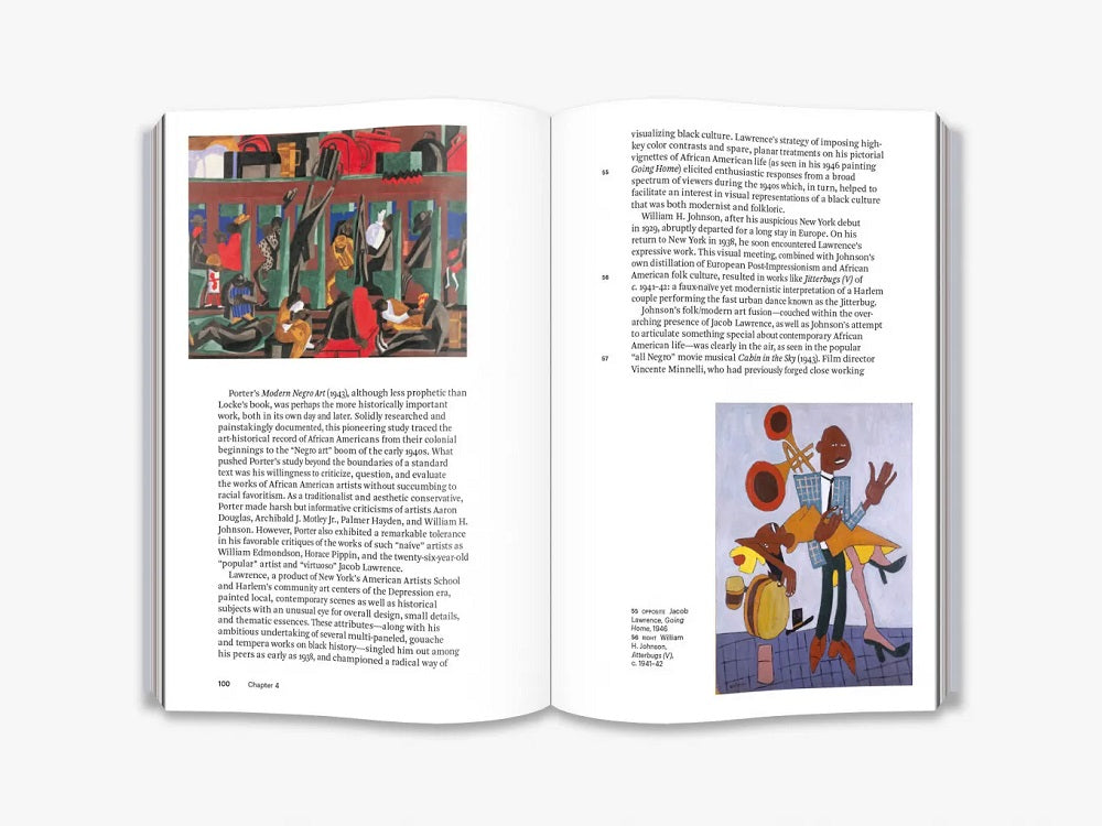 Two different style paintings, one of black people commuting, and the other dancing. There is text around them.