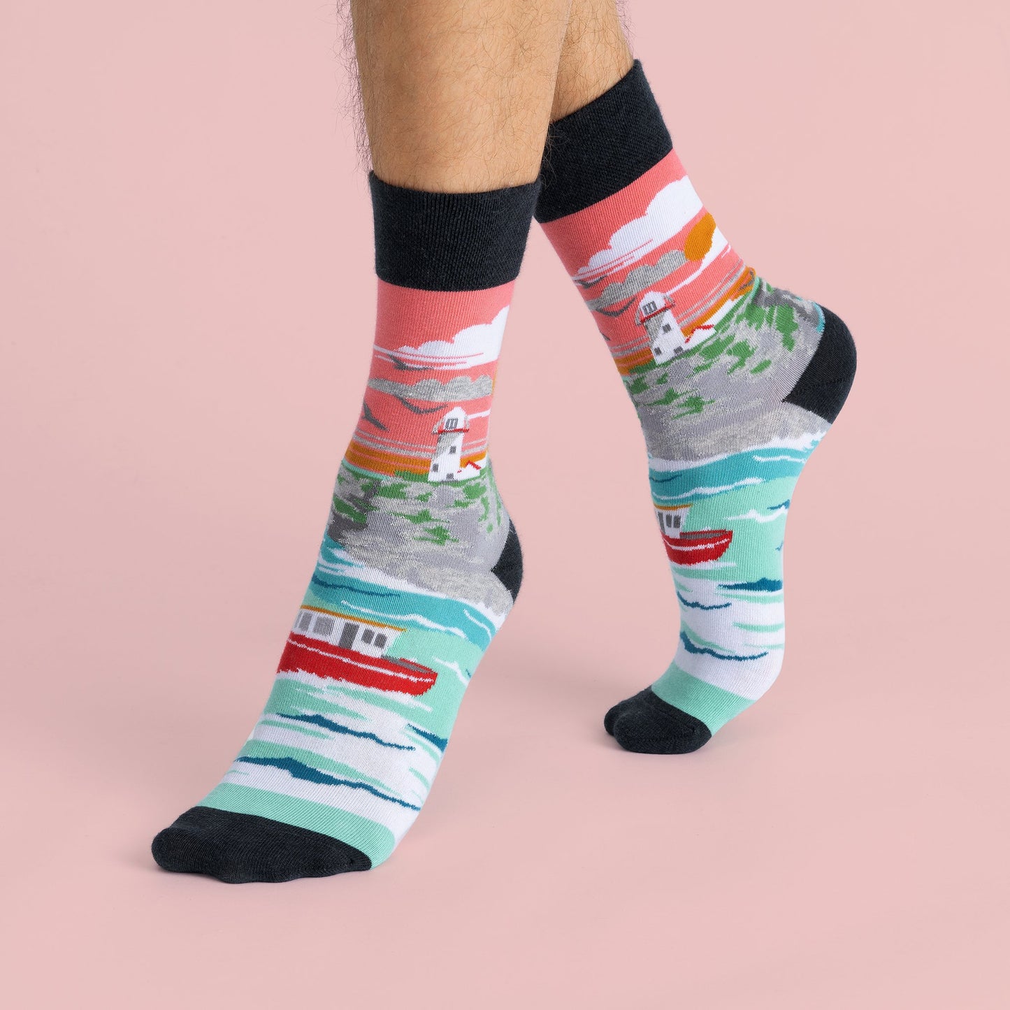 The previous socks on a models feet showing the design wrapping around the sock.