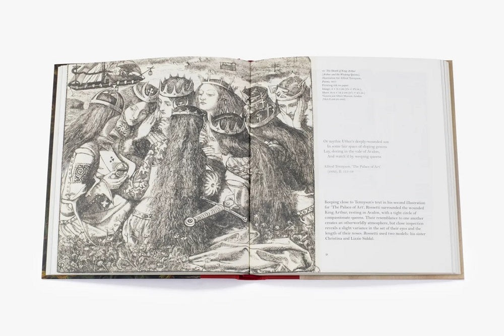 A detailed black and white drawing of a group of royalty with long, dark curly hair and crowns. There is text on the right.