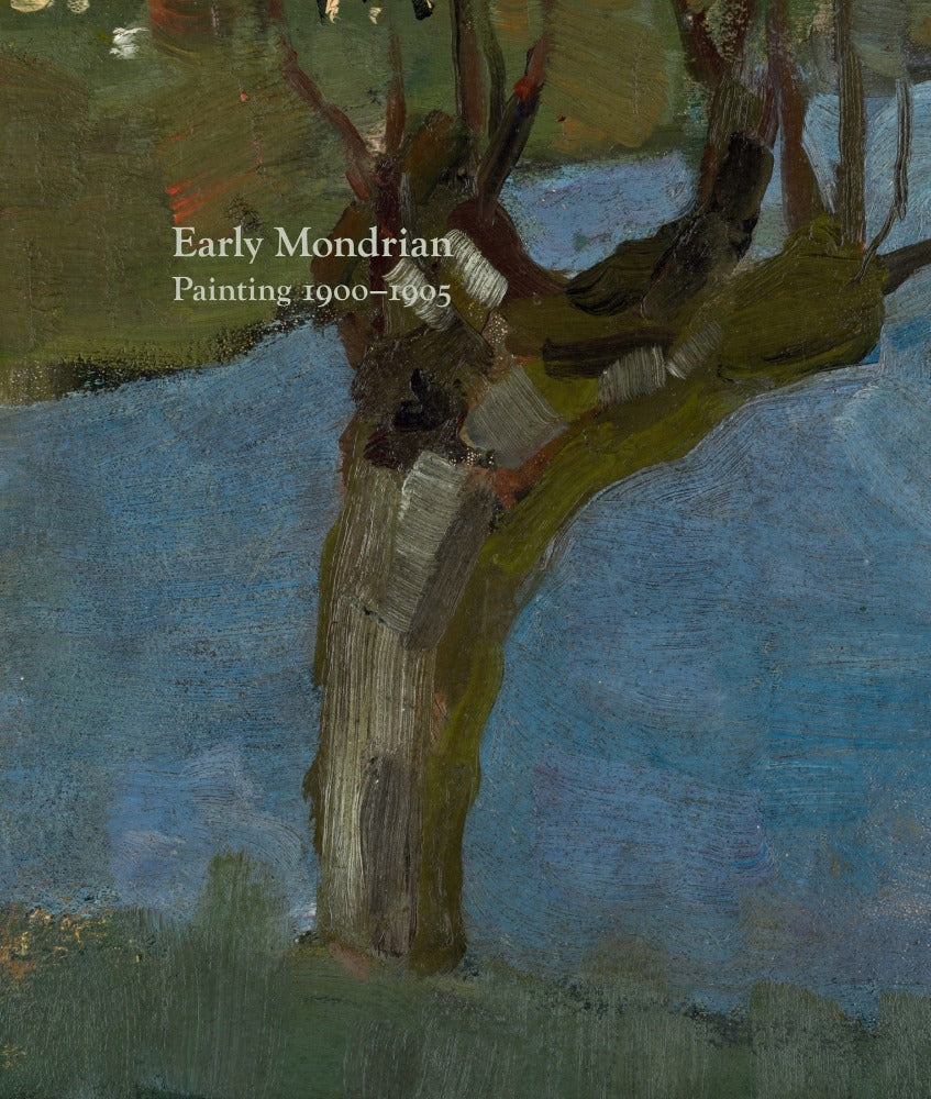 A close up painting of a bare tree in front of water. There are visible paint strokes. The title is in the top left in thin, white letters.
