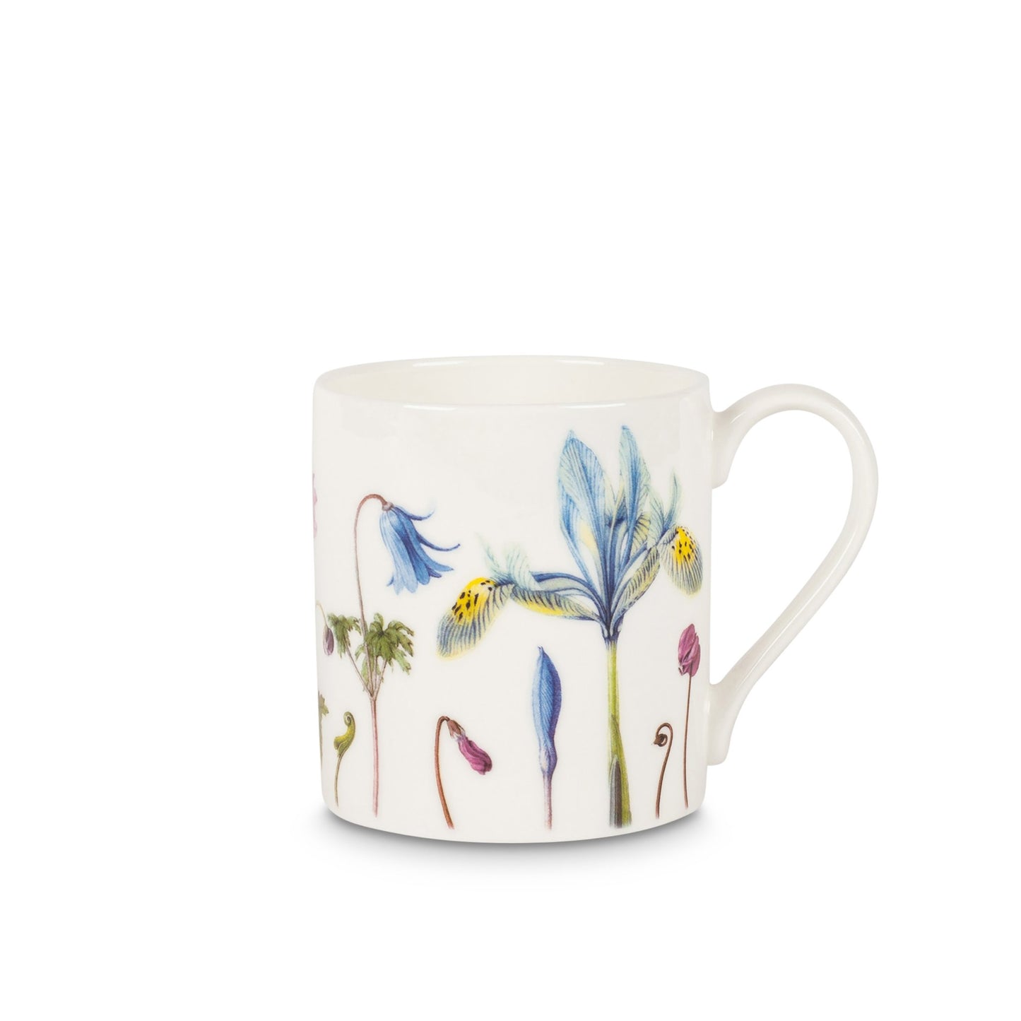 A white mug covered in paintings of flowers in different types and sizes, in blue, yellow, and purple.