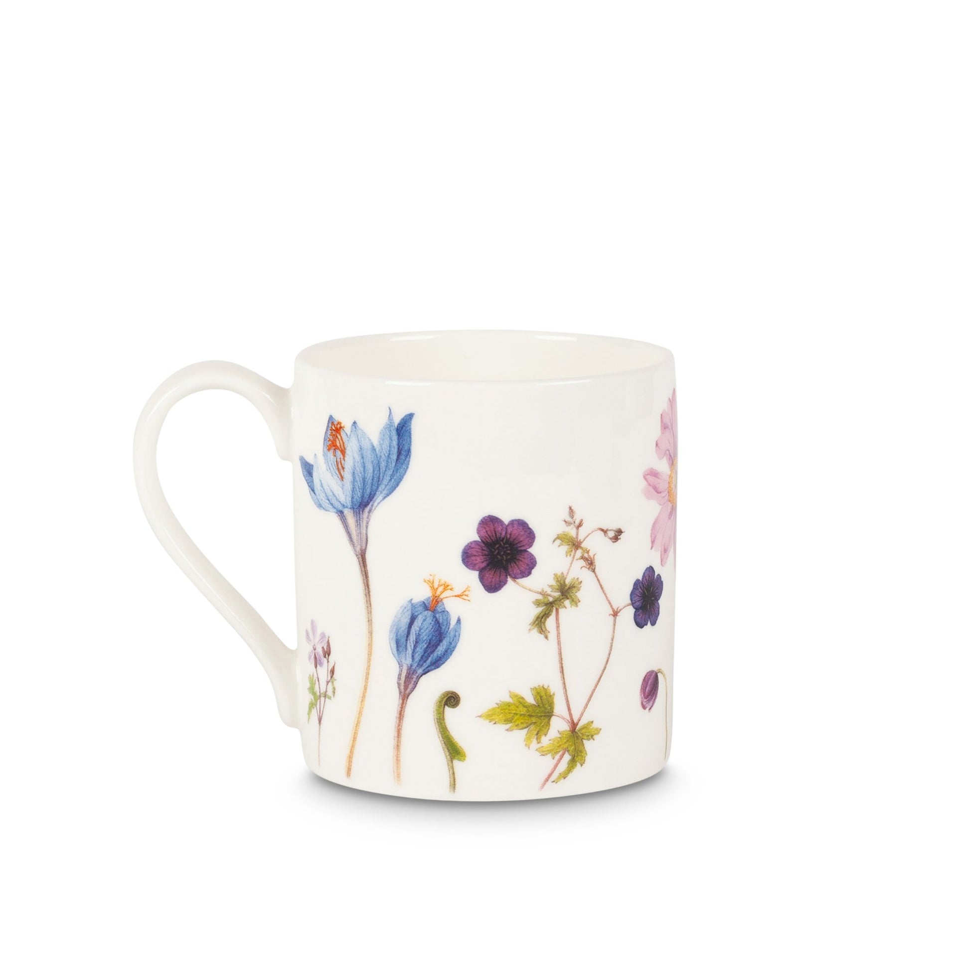 The other side of the mug showing more flowers in blue, purple, and pink.