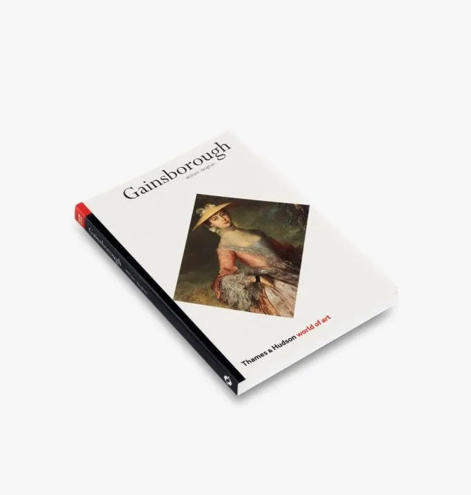 A realistic paintings of a woman in a regency style dress and hat. It is cut in a diamond shape on a white cover.