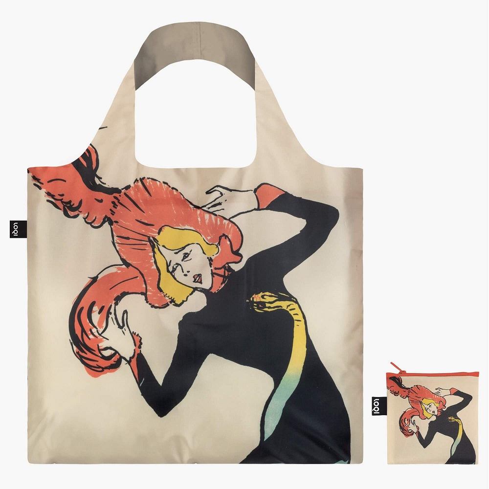 A beige bag with a large drawing of a woman in a black dress and big red hat. A matching pouch is beside it with a red zip.