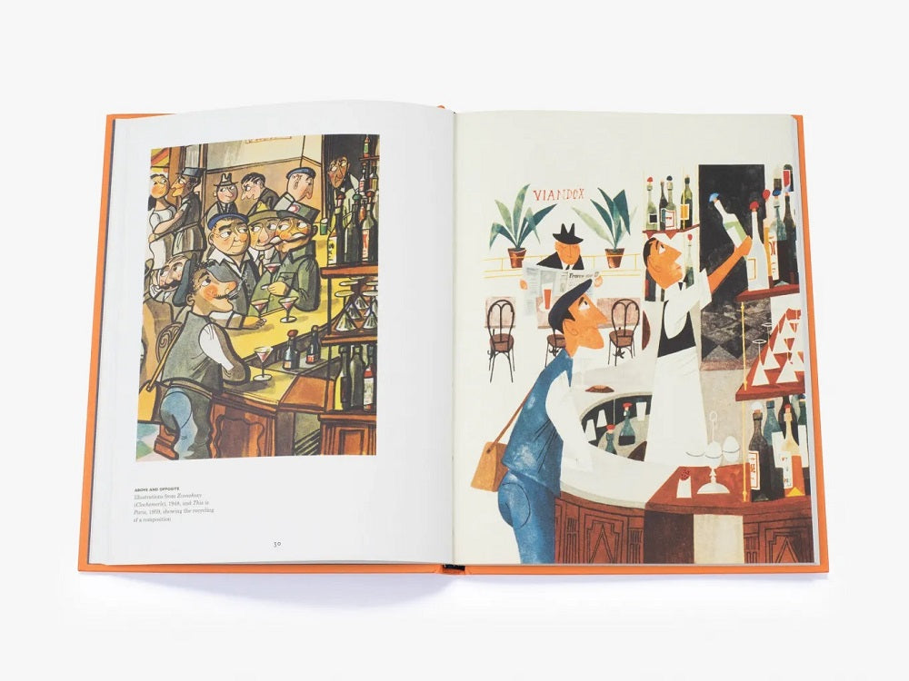A two-page spread. The left is an illustration of men sitting at a bar. The right is a later version that is more stylised.