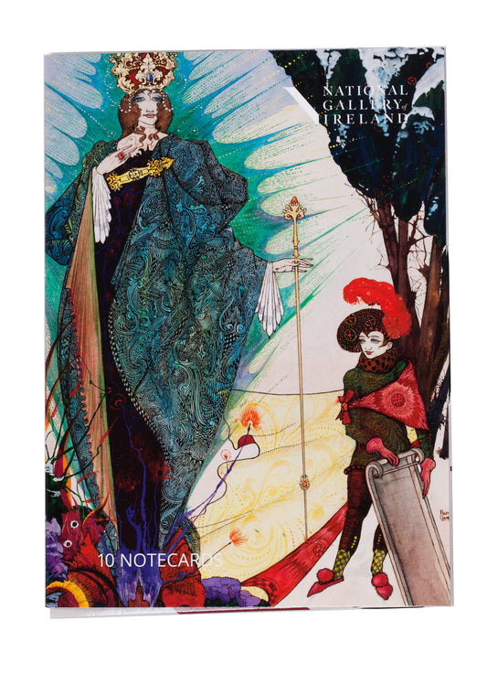 A box with an intricately detailed illustration of a woman and boy. The tall woman wears a crown and is draped in a blue cloak. The boy wears a red feathered hat and holds a sleigh.