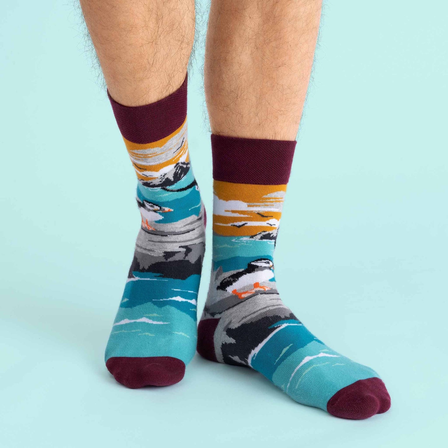 The previous socks on a models feet showing the design wrapping around the sock.