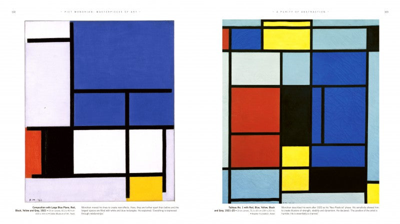 A two page spread from inside the book. Both pages have a painting of white squares and rectangles with black lines separating them, and a different combination of red, yellow, blue and black squares.