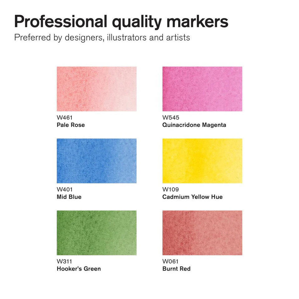 Color swatches of professional quality Watercolour Promarkers with names and descriptions.