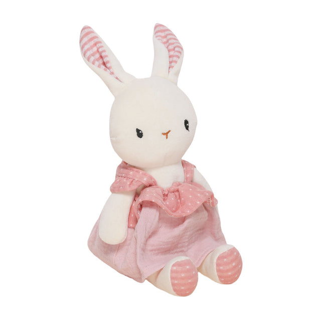 Stuffed rabbit toy with a pink dress on a white background