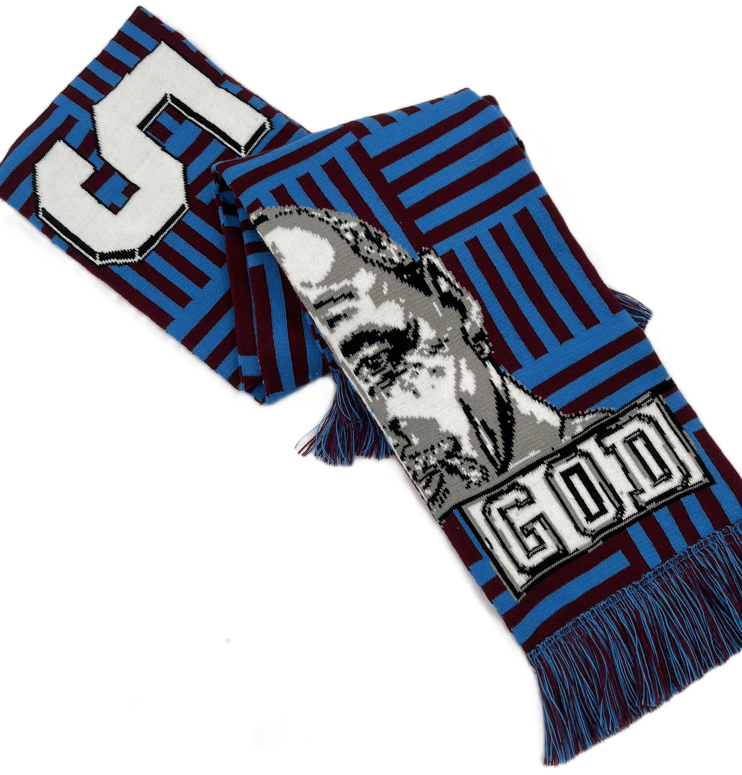Blue and brown scarf with a graphic of the face of Paul McGrath and 'GOD' text on a white background