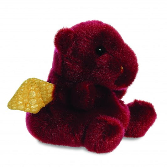 A plush red dragon with sequined yellow wings.
