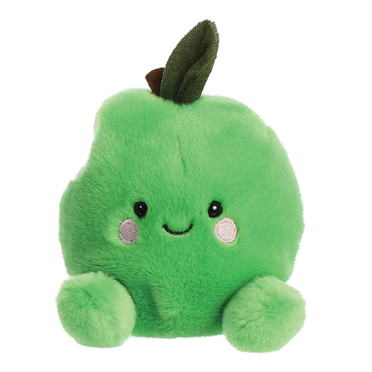  A small, green plush apple soft toy with a smiling face, designed to fit in the palm of your hand. Full of beans for extra softness and cuddliness. Made from eco-friendly materials, including recycled plastic beans and fiber fill. Measures 13cm. 