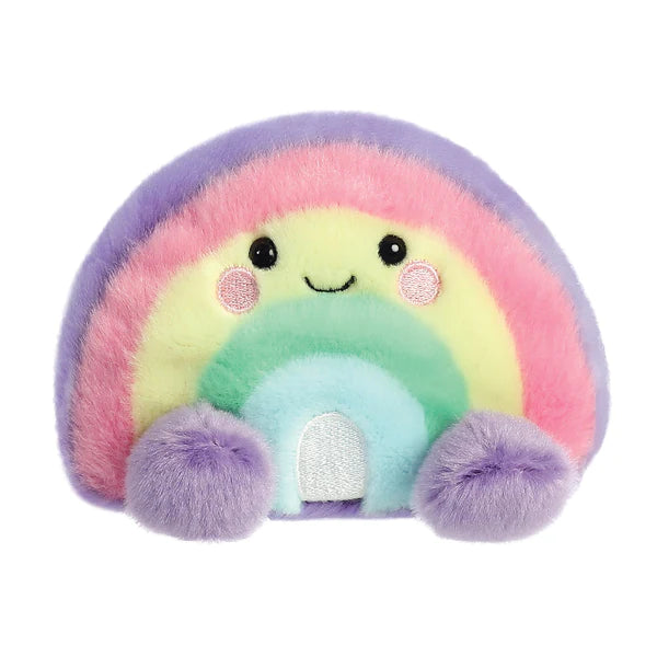  A small, plush rainbow soft toy with colors including purple, pink, yellow, green, and blue, designed to fit in the palm of your hand. Full of beans for extra softness and cuddliness. Measures 13cm. 