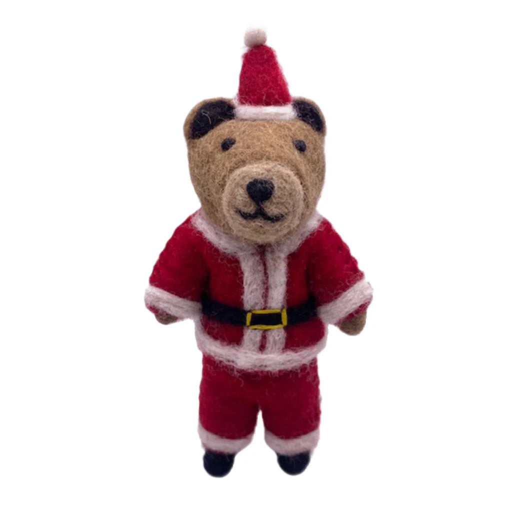 A handmade wool felt toy resembling a brown bear dressed in a red Santa Claus outfit, with a golden belt and a Christmas hat, and a small loop at the top for hanging.