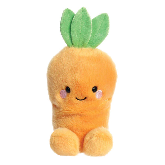 "Alt text: A small, orange plush carrot soft toy with a smiling face, designed to fit in the palm of your hand. Full of beans for extra softness and cuddliness. Made from eco-friendly materials, including recycled plastic beans and fiber fill. Measures 13cm. 
