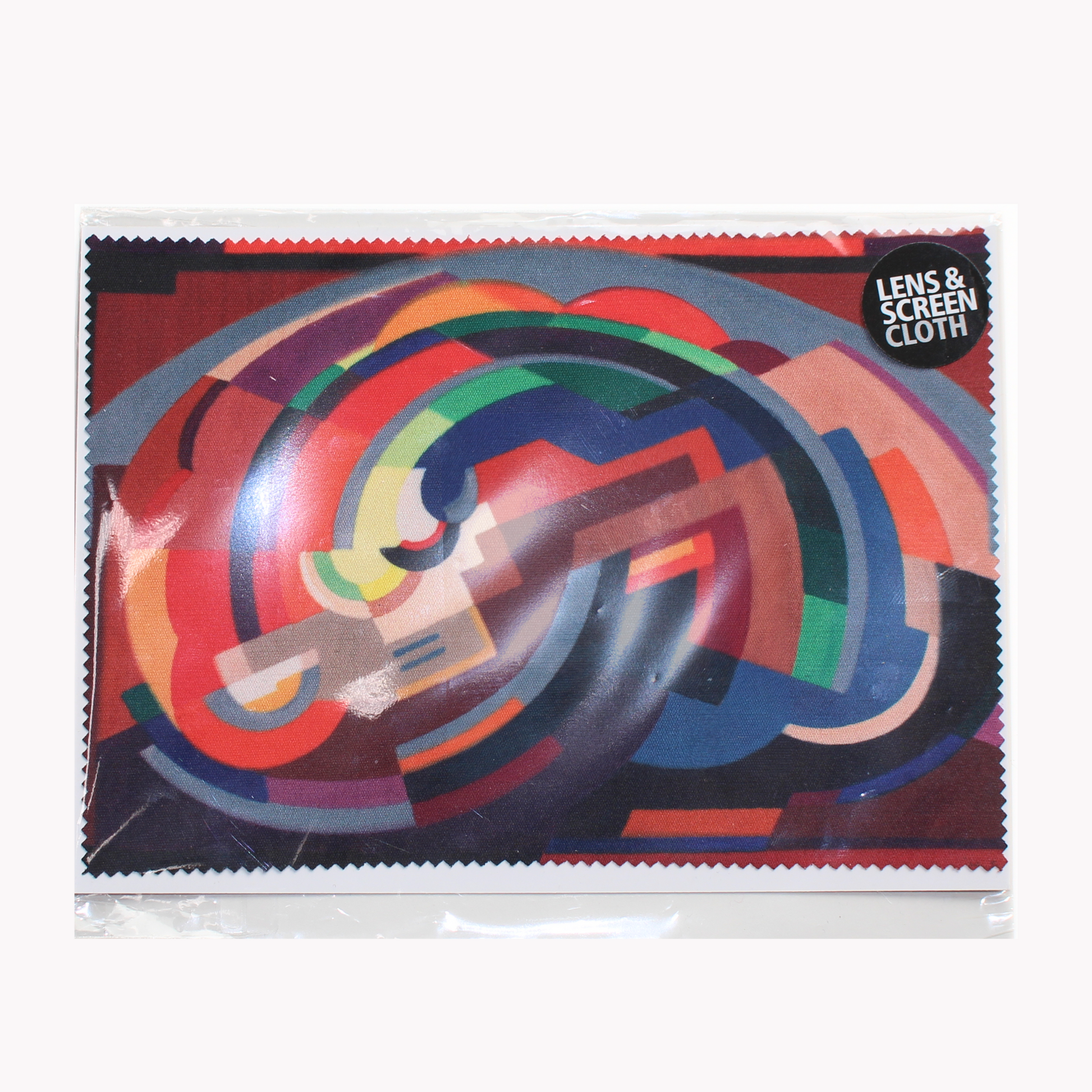 Colourful lens cleaning cloth featuring A Composition by Mainie Jellett in its packaging on a white background.