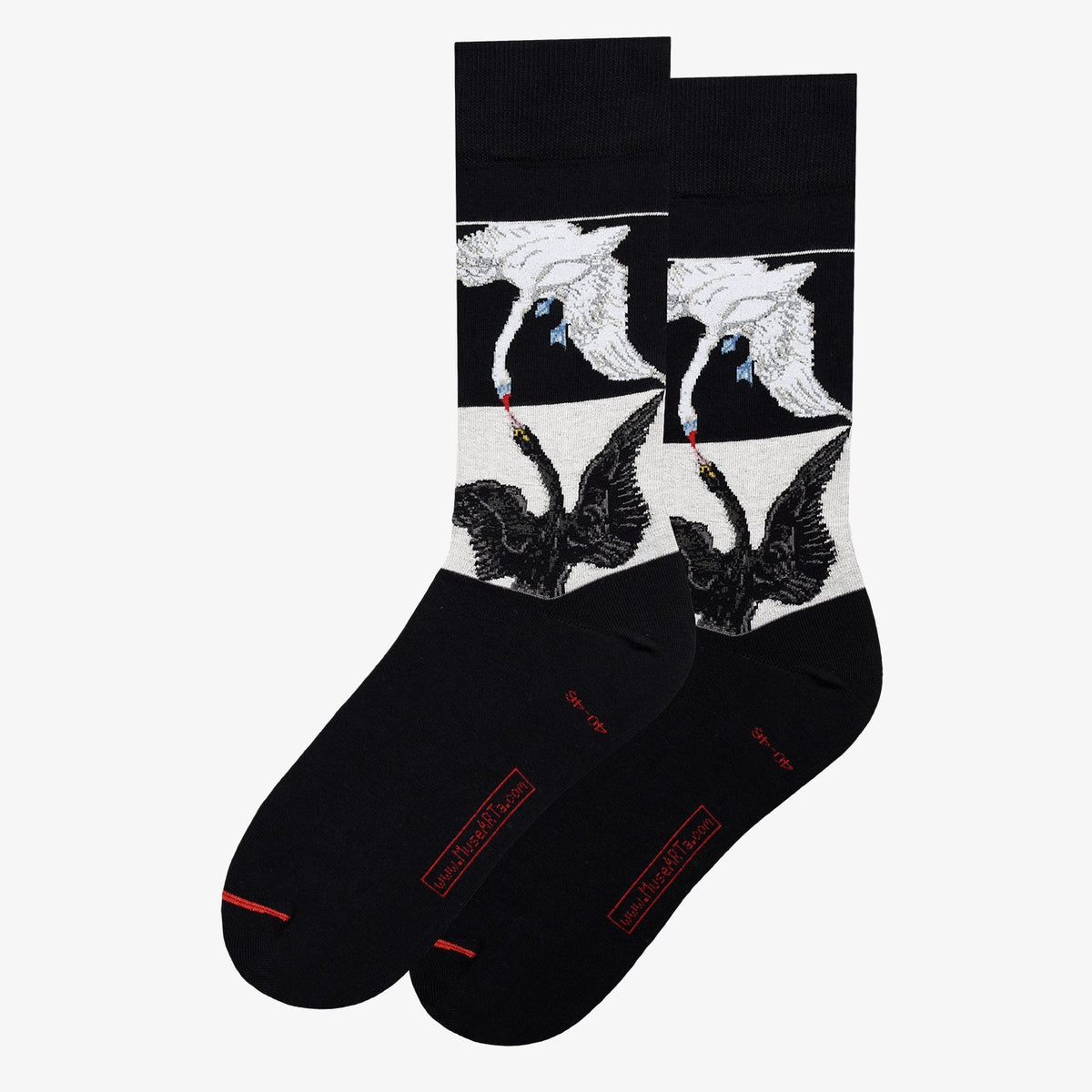 Black socks with bird design on a white background