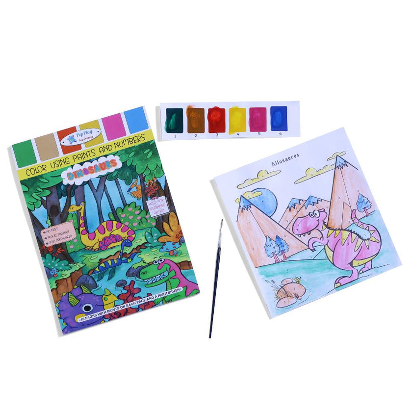 Dinosaur coloring book with paint and number set, paintbrush, and color swatches on a white background